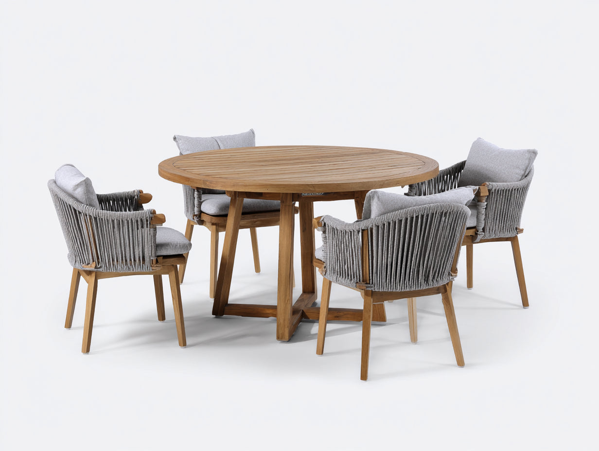 Set da pranzo da esterno in legno e corda 120x120x75 cm - marrone naturale-grigio chiaro - adatto per esterno stile naturale