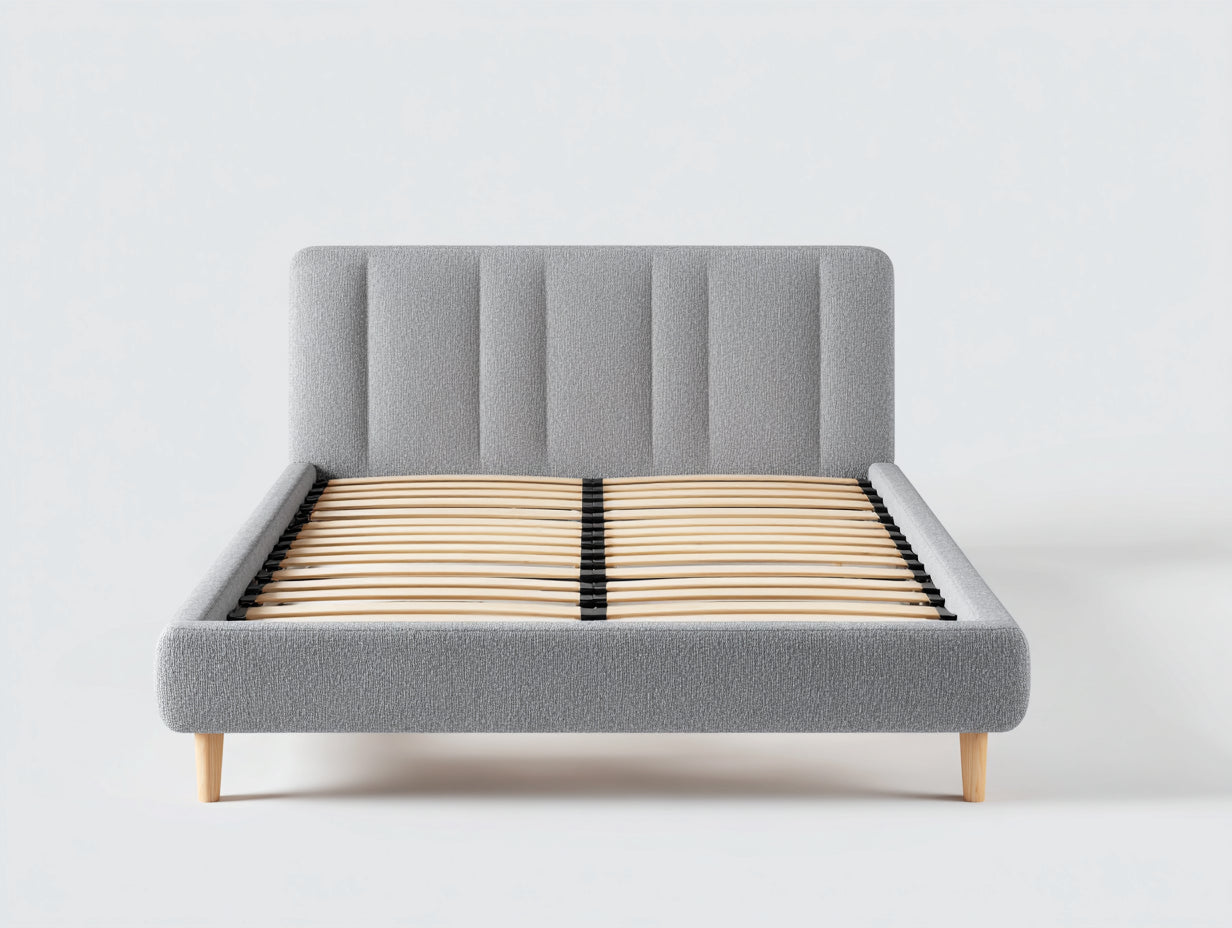 Letto matrimoniale in tessuto imbottito 206x168x105 cm - grigio-legno naturale - per camera da letto stile moderno con rete a doghe