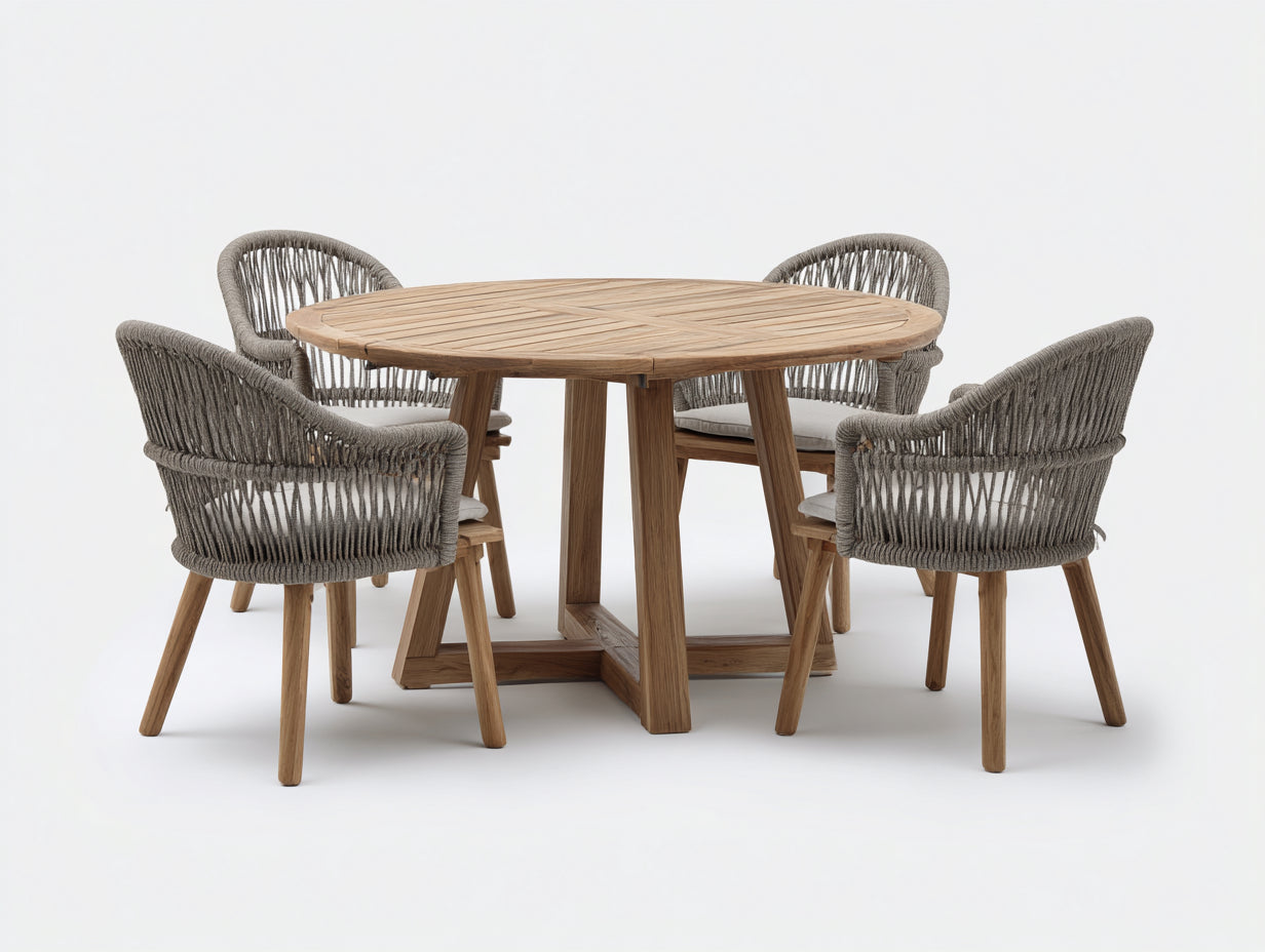 Set da pranzo da esterno in legno e corda 120x120x75 cm - marrone-grigio - per esterni stile naturale
