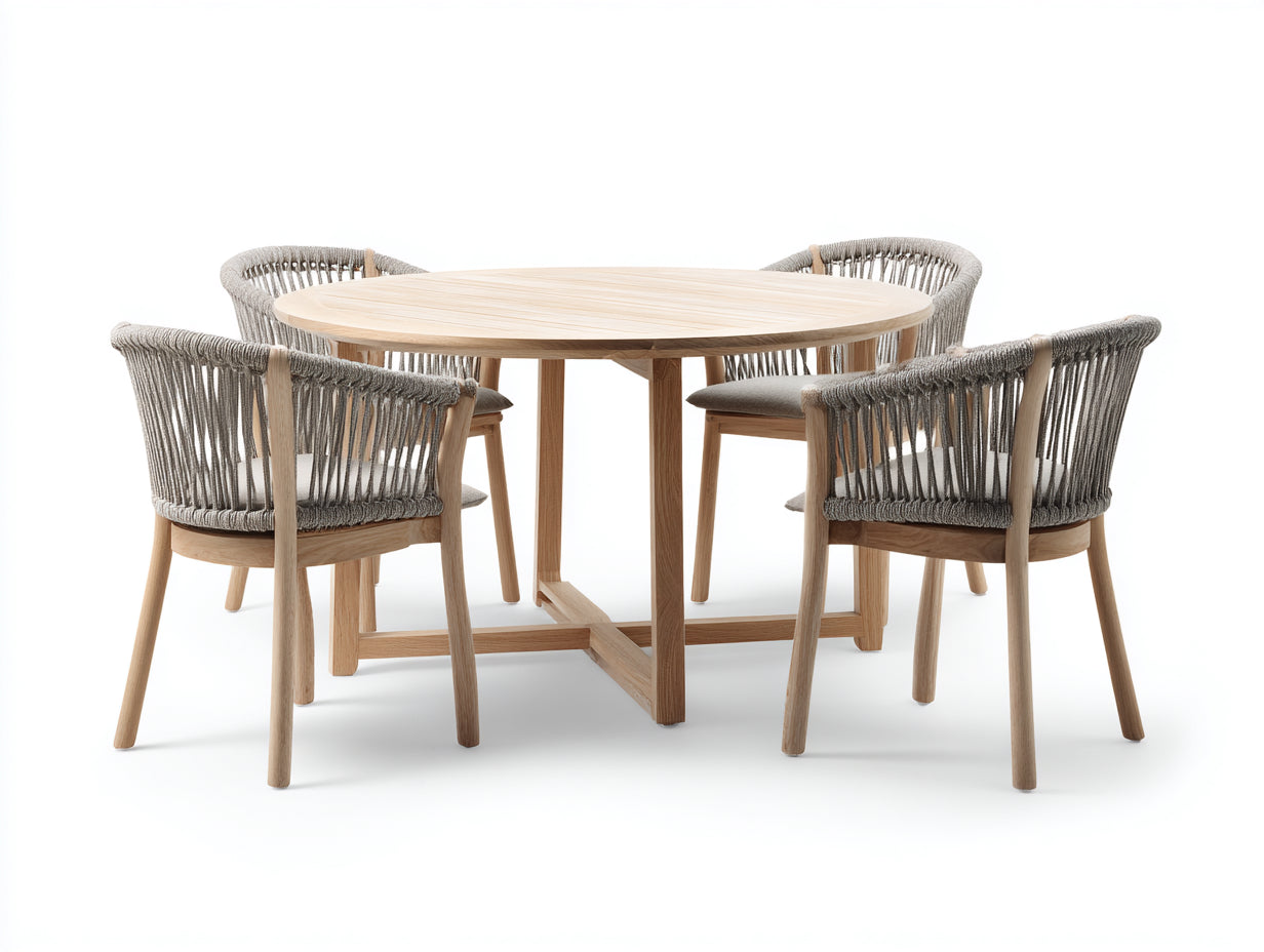 Set da pranzo da esterno in legno e corda 120x120x75 cm - marrone chiaro-grigio-beige - per esterni stile naturale