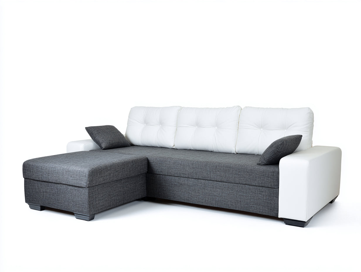 Divano angolare in tessuto imbottito 272x166x80 cm - grigio scuro-bianco - per soggiorno stile moderno con chaise longue