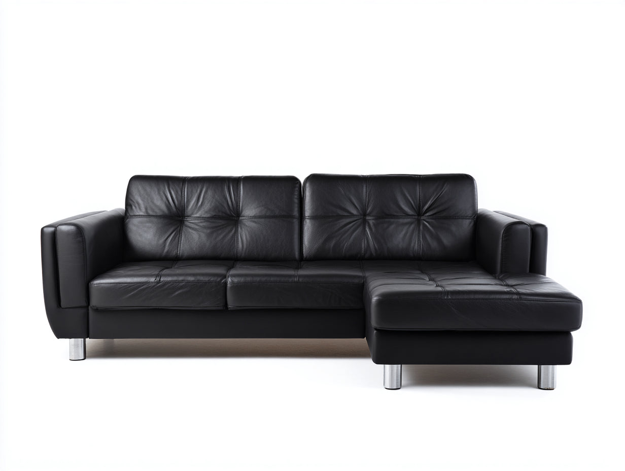 Divano angolare in similpelle nero 255x160x78 cm - per soggiorno - con chaise longue stile moderno