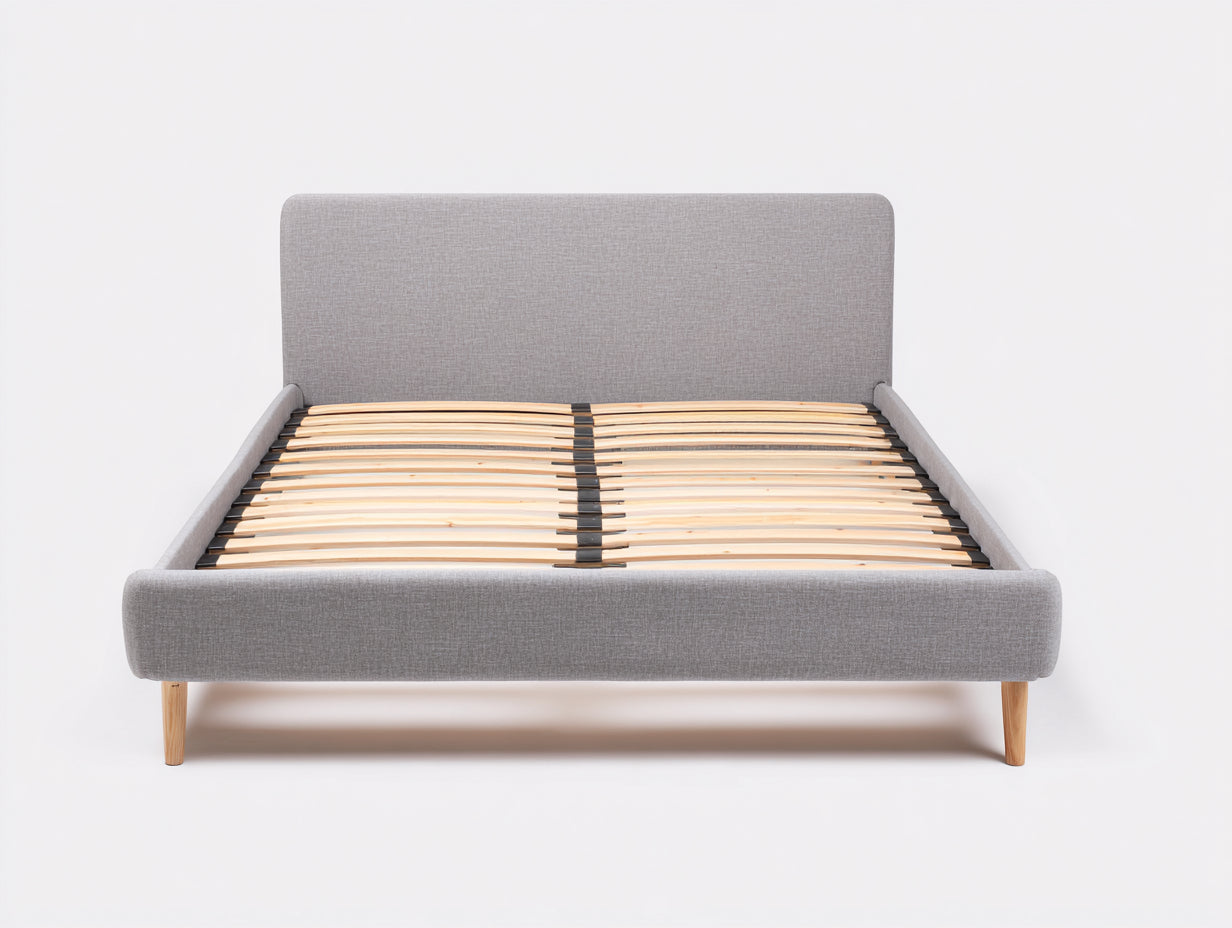 Letto matrimoniale imbottito grigio-legno naturale 210x170x95 cm - per camera da letto - con rete a doghe stile moderno
