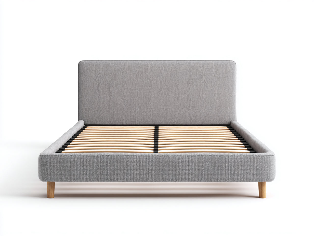 Letto matrimoniale in tessuto imbottito 208x170x100 cm - grigio-legno naturale - per camera da letto stile moderno con rete a doghe