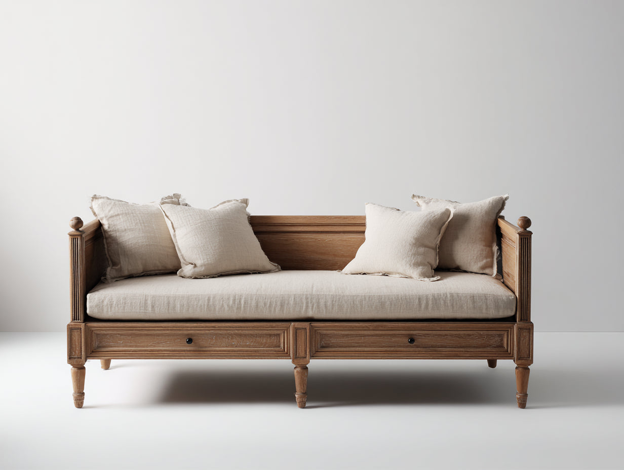 Divano letto in legno 205x92x88 cm - marrone naturale-beige - adatto per camera da letto stile classico con cassetti