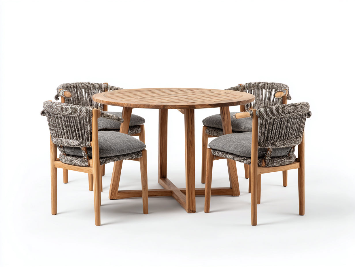 Set da pranzo da esterno in legno e corda 120x120x75 cm - colore legno naturale-grigio - per esterni stile naturale
