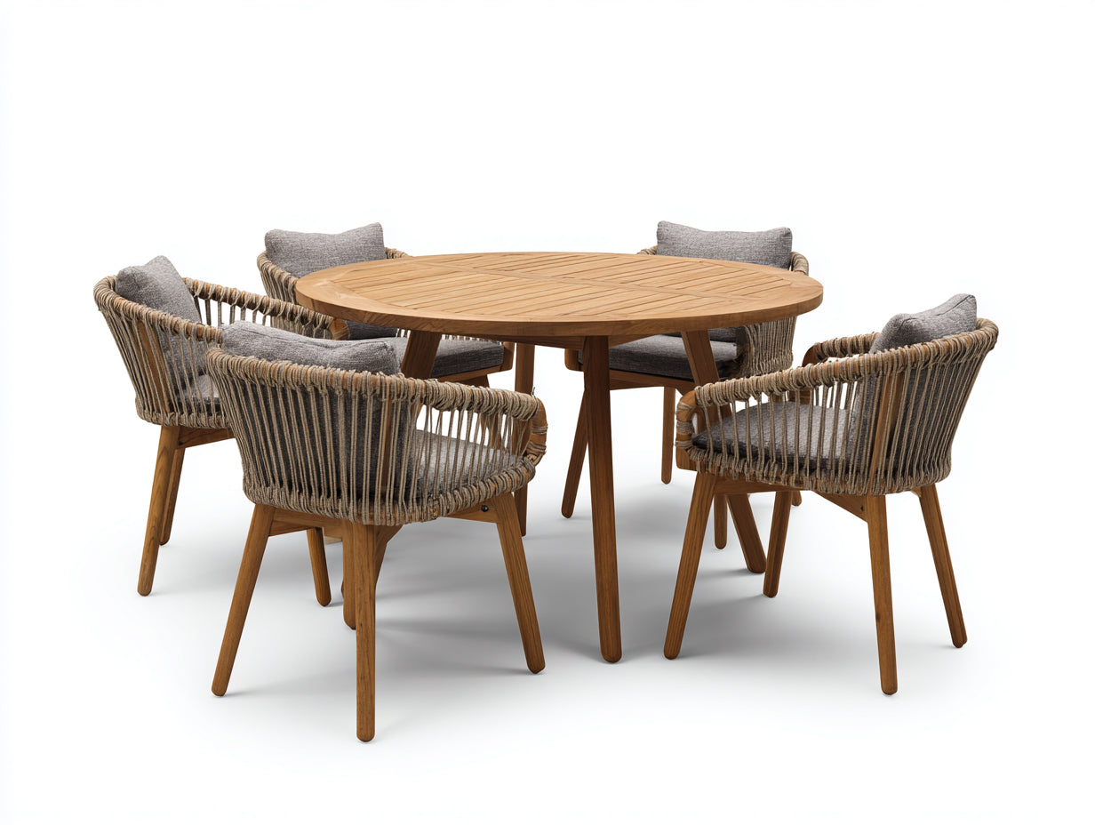 Set da pranzo da esterno in legno e corda 125x125x76 cm - marrone naturale-grigio - adatto per esterno stile rustico