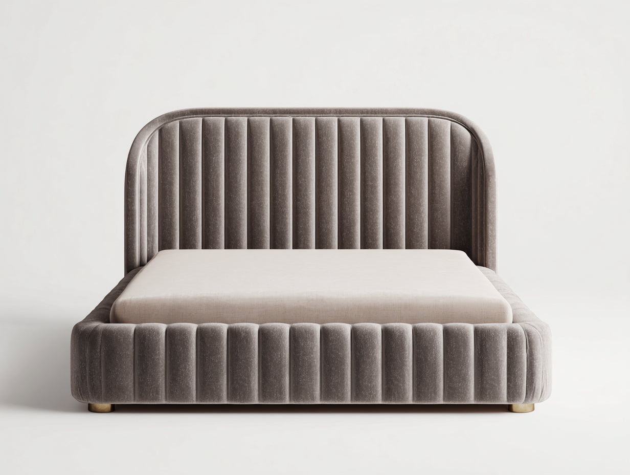 Letto matrimoniale imbottito color tortora-beige 210x170x110 cm - per camera da letto - con testiera scanalata stile moderno