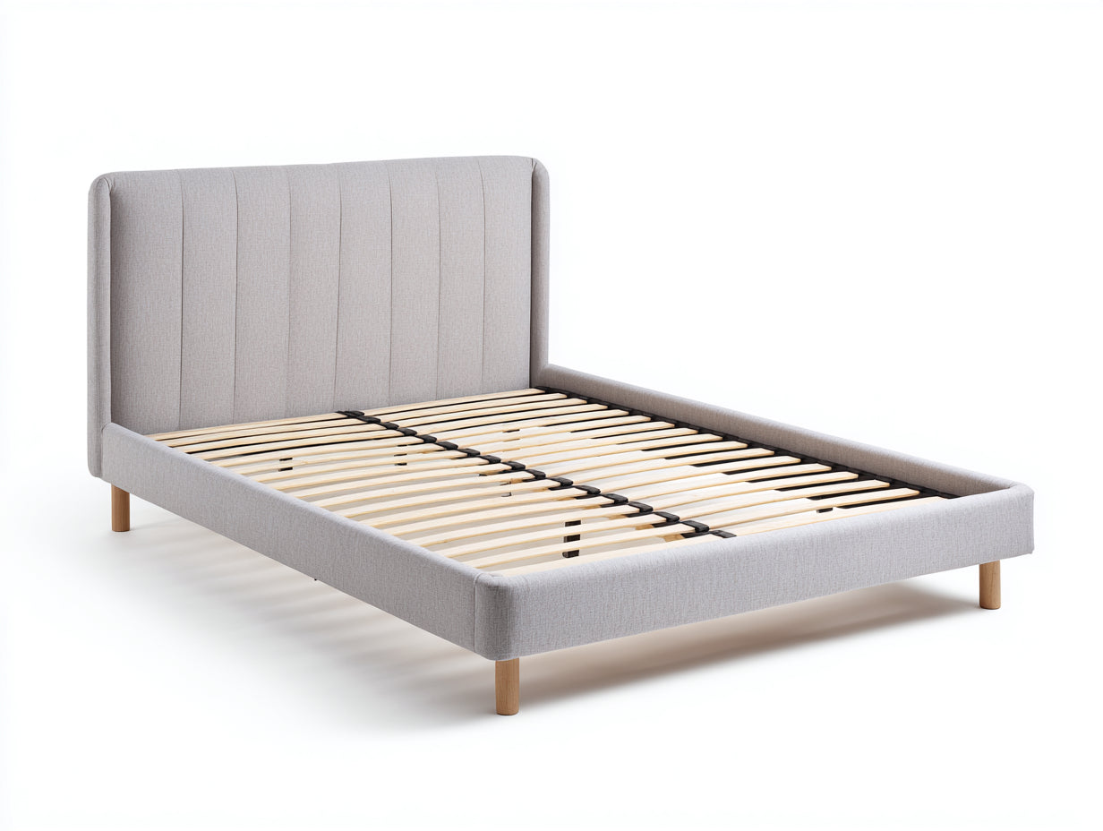 Letto matrimoniale in tessuto imbottito 208x170x104 cm - grigio chiaro-legno naturale - per camera da letto stile moderno con rete a doghe