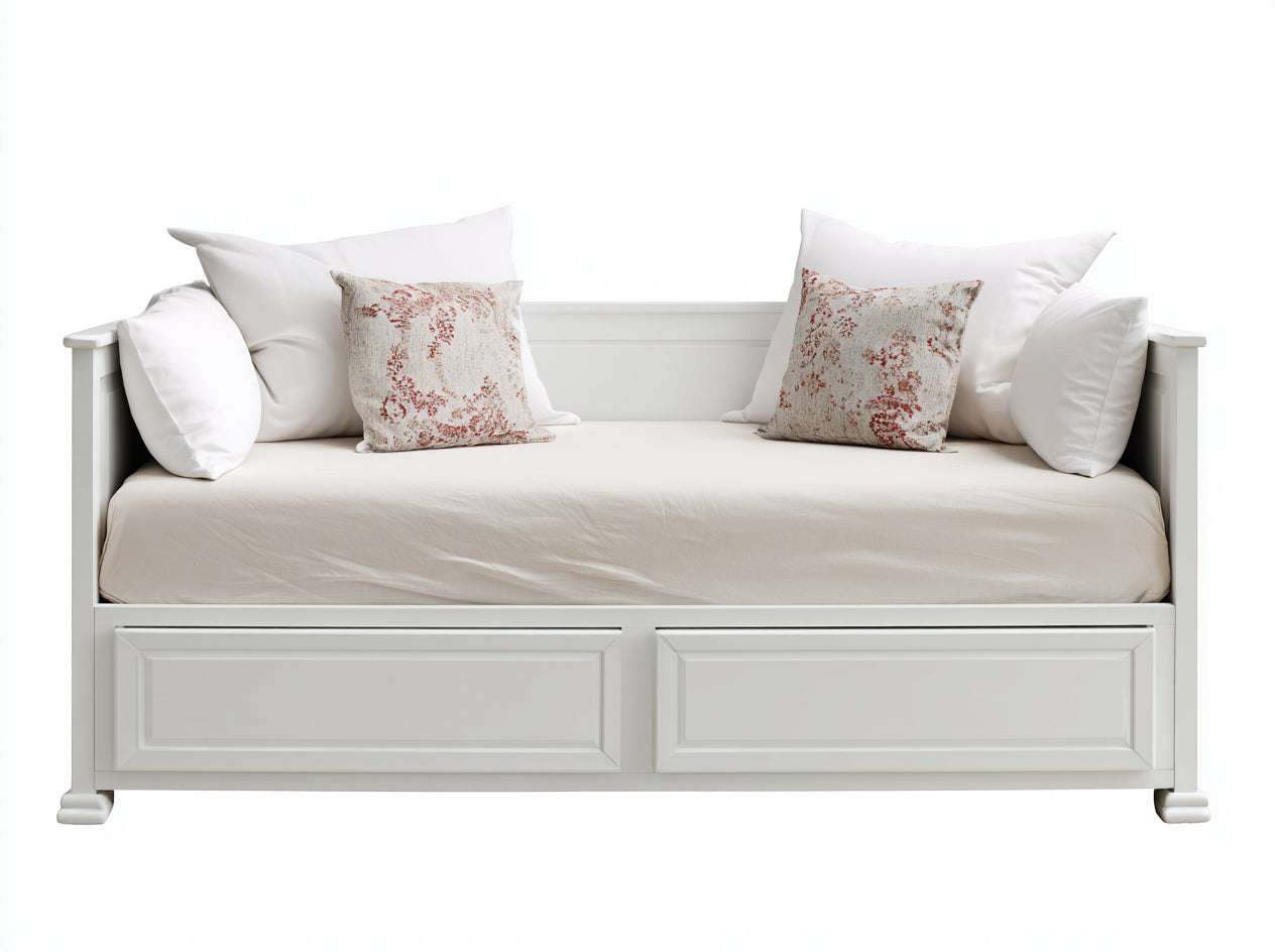 Divano letto in legno bianco 200x90x80 cm - per camera da letto - con 2 cassetti stile classico