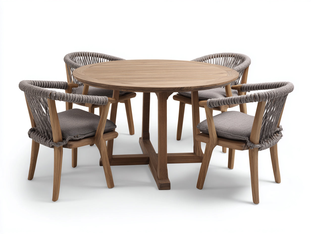 Set da pranzo da esterno in legno e corda 120x120x75 cm - marrone naturale-grigio - adatto per esterno stile naturale