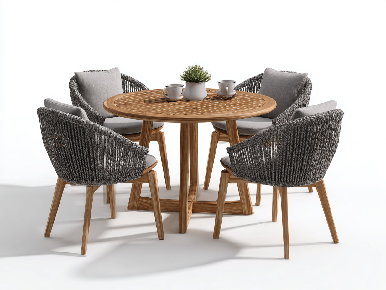 Set da pranzo da esterno in legno e corda 120x120x75 cm - colore legno naturale-grigio - per esterni stile moderno