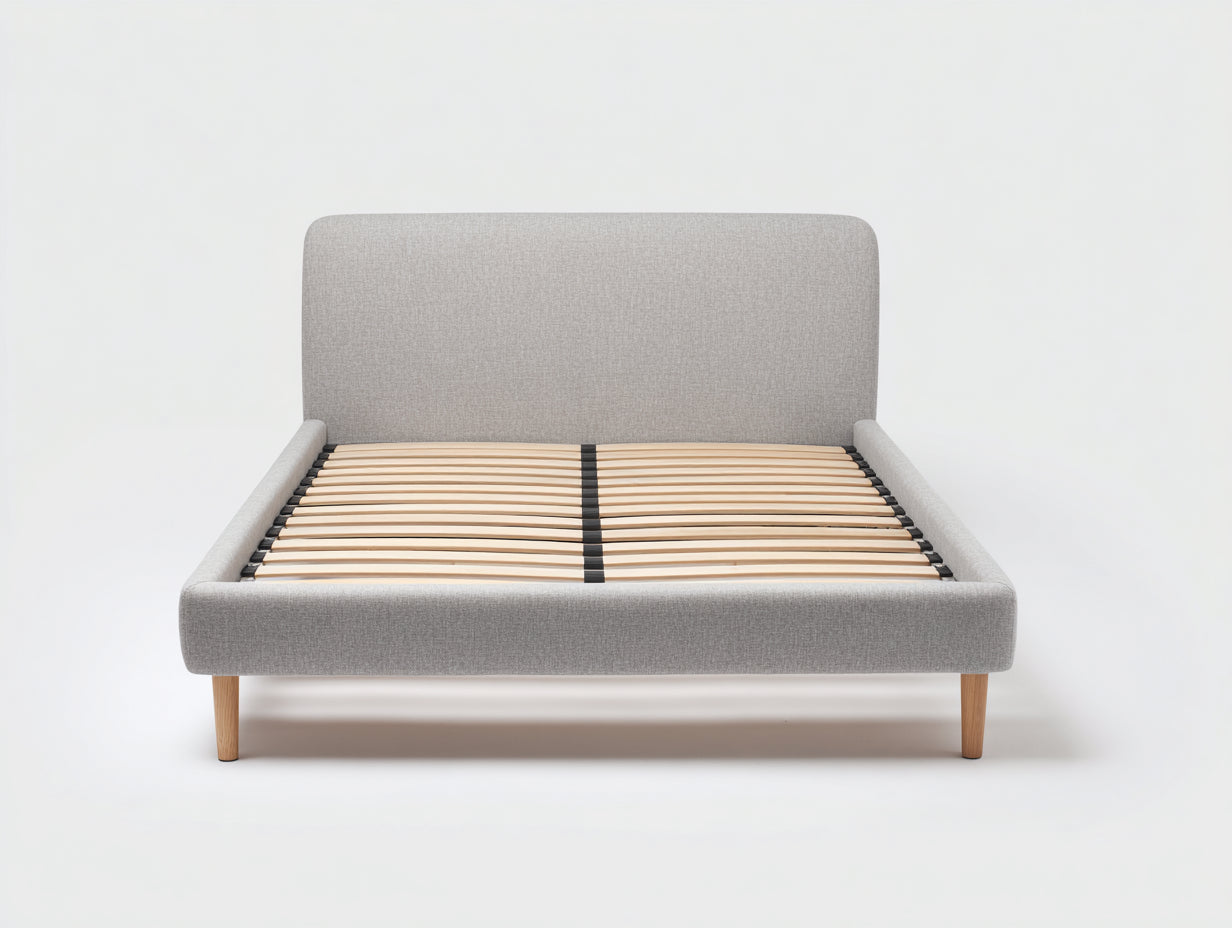 Letto matrimoniale in tessuto imbottito 206x168x102 cm - grigio-legno naturale - per camera da letto stile moderno con rete a doghe