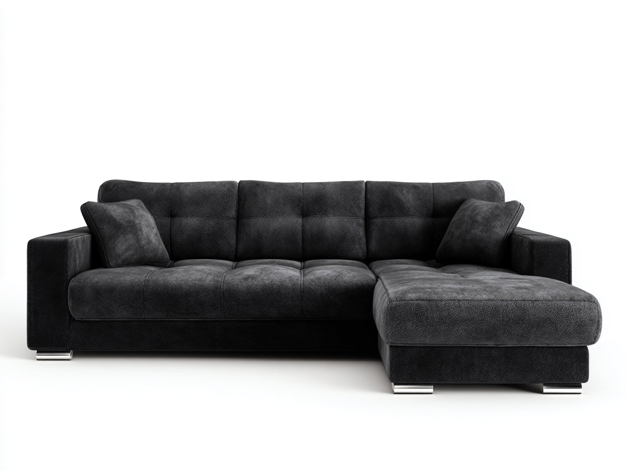 Divano angolare in tessuto nero-grigio scuro 260x165x80 cm - per soggiorno - con chaise longue stile moderno