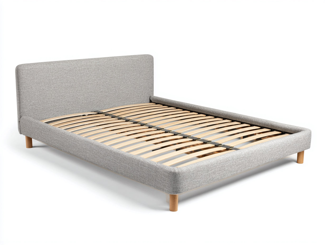 Letto matrimoniale imbottito grigio chiaro-legno naturale 210x170x95 cm - per camera da letto - con rete a doghe stile moderno