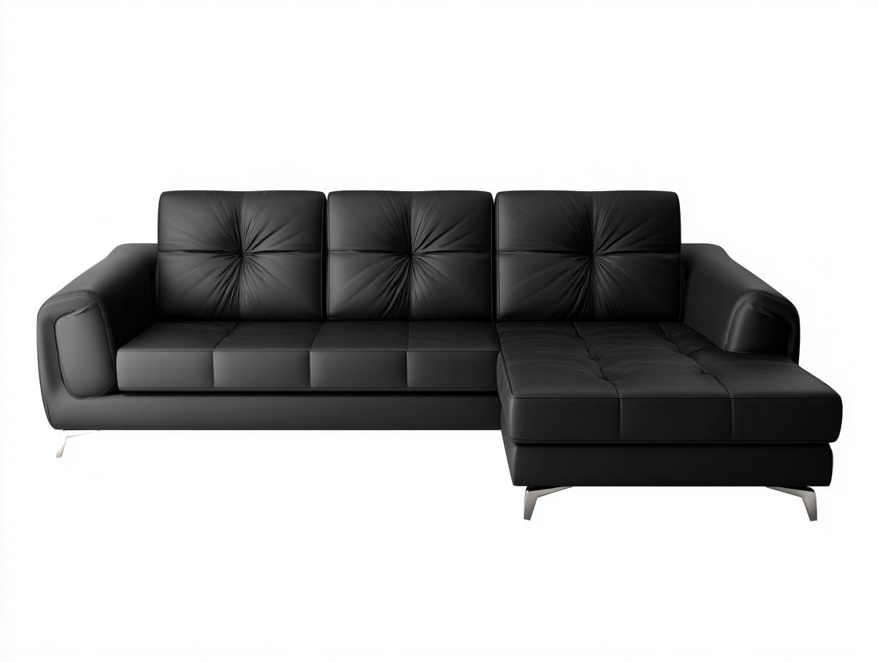 Divano angolare in similpelle nero 265x165x82 cm - per soggiorno - con chaise longue stile moderno