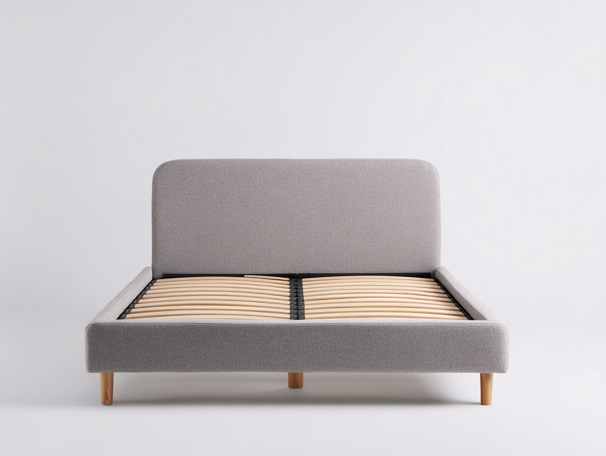 Letto matrimoniale imbottito grigio-legno naturale 210x170x95 cm - per camera da letto - con rete a doghe stile moderno
