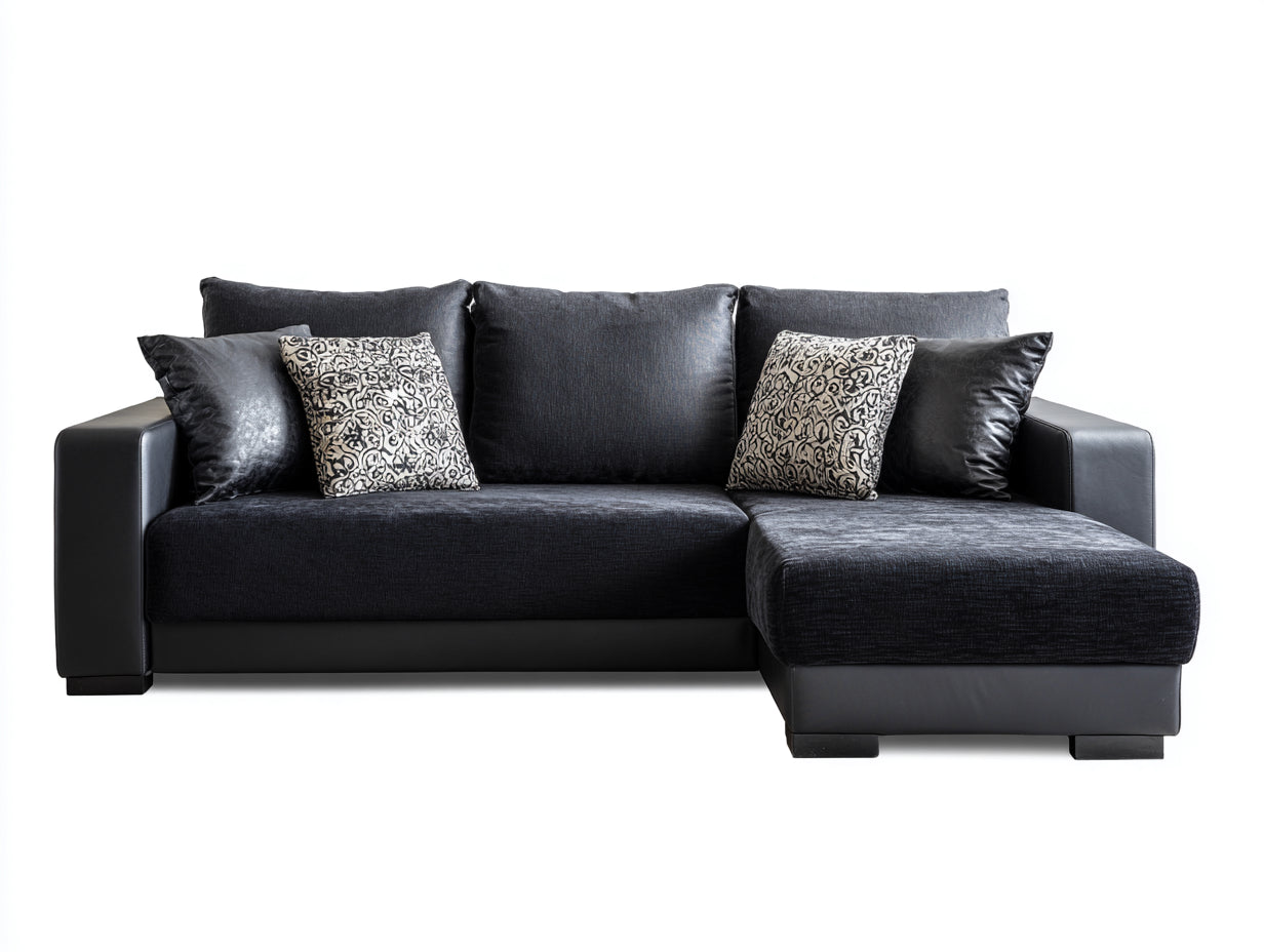 Divano angolare in tessuto e similpelle nero-grigio scuro 260x165x82 cm - per soggiorno - con chaise longue stile moderno