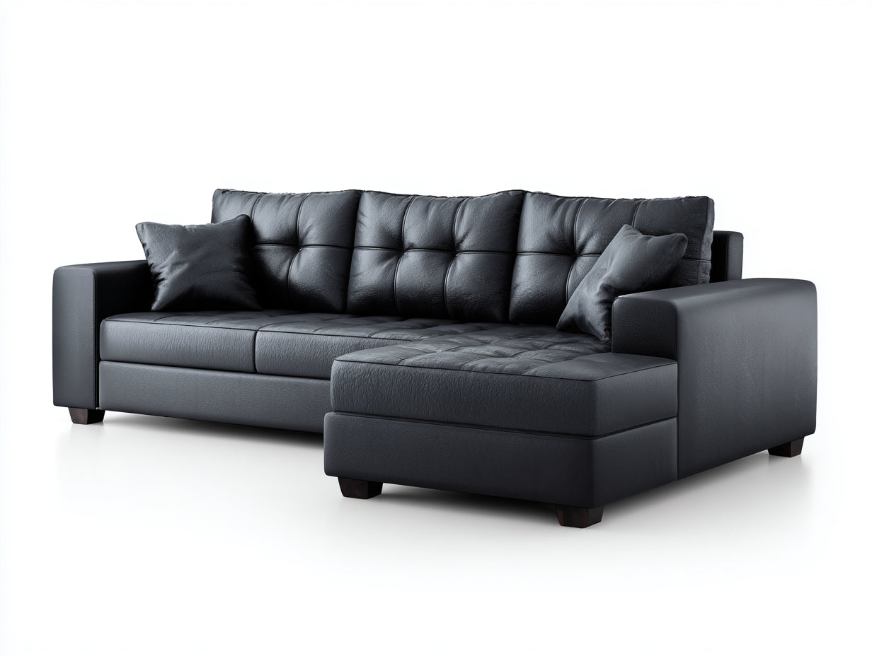 Divano angolare in similpelle nero 265x165x82 cm - per soggiorno - con chaise longue stile moderno