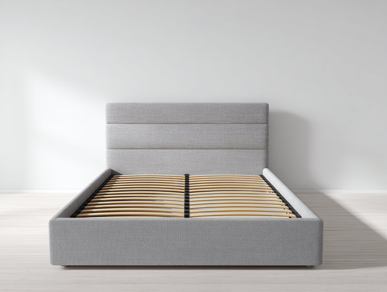 Letto matrimoniale imbottito grigio-legno naturale 210x170x100 cm - per camera da letto - con rete a doghe stile moderno